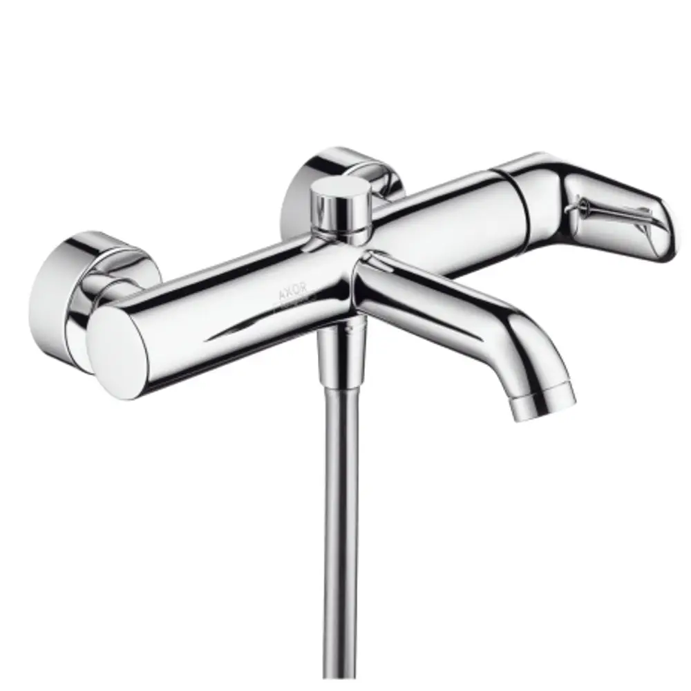 Chromfarbener Wandmischer von AXOR mit zwei Ausläufen, einem zentralen Griff und runden Wandbefestigungen. Funktionales Design ohne sichtbare Beschriftungen.